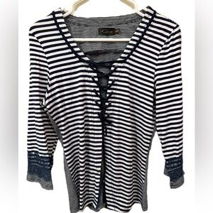 Blue and White Fitted Blouse with Sailor Collar and Tie Front